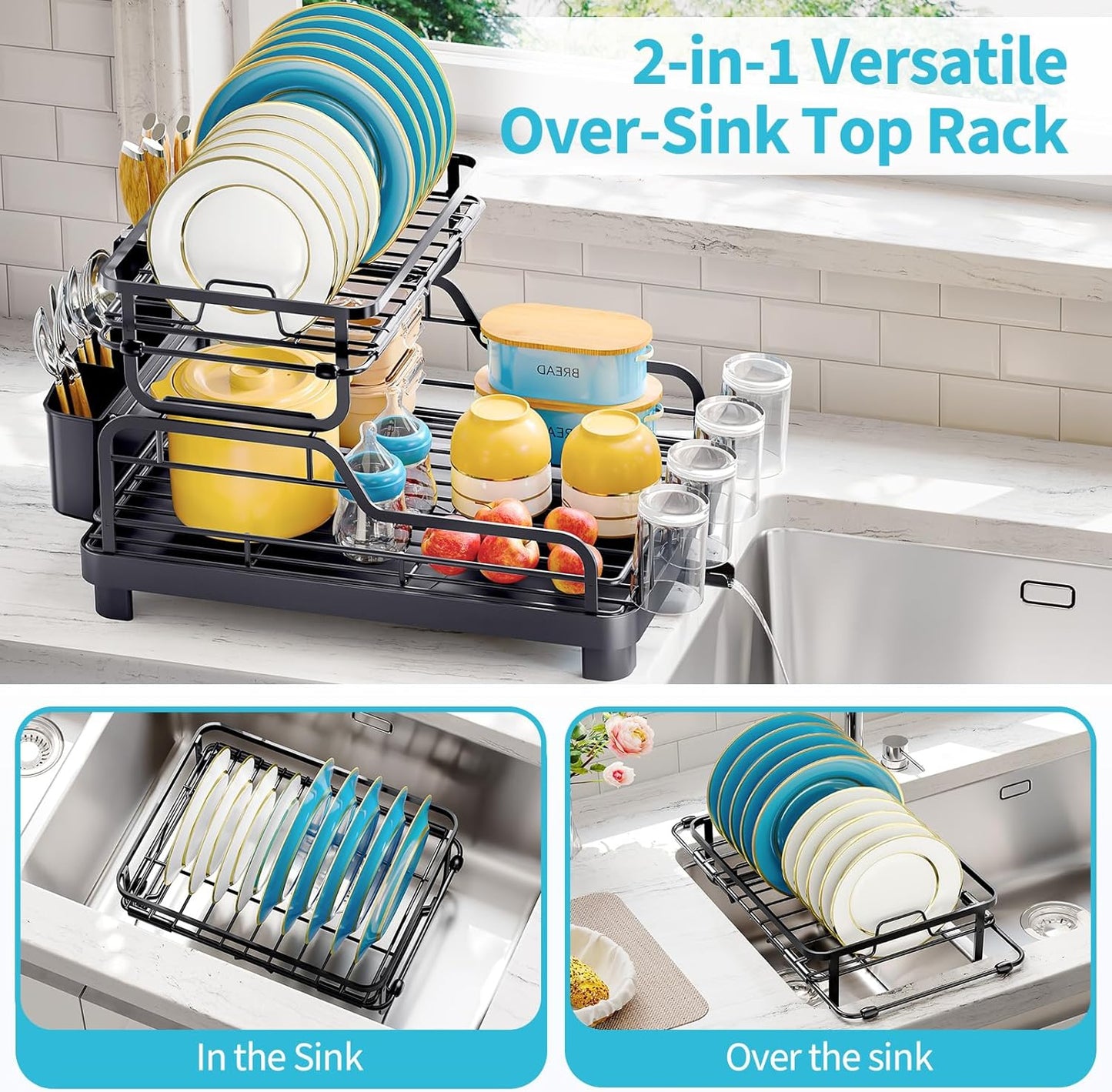 TOOLF Dish Drying Rack - 2-Tier Stainless Steel Kitchen Rack with Large Drainboard & Utensil Holders | Black