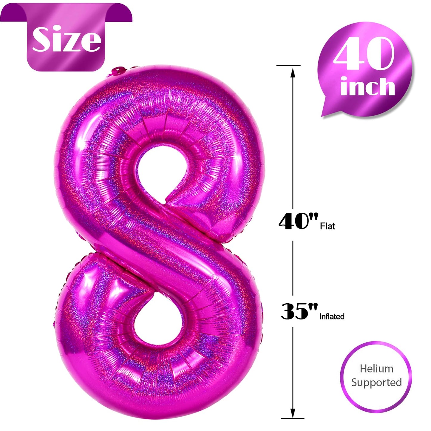 Laser Hot Pink 8 Balloon, Number Balloons 40 Inch, 8th Birthday Decorations for Girls, Birthday Balloons, Laser Hot Pink Party Supplies, Number 8 Balloon