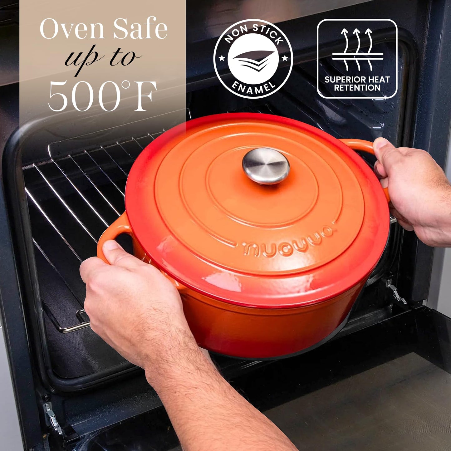 Cast Iron Dutch Oven with Lid – Non-Stick Ovenproof Enamelled Casserole Pot – Sturdy Dutch Oven Cookware – Orange, 7.3-Quart, 30cm – by Nuovva