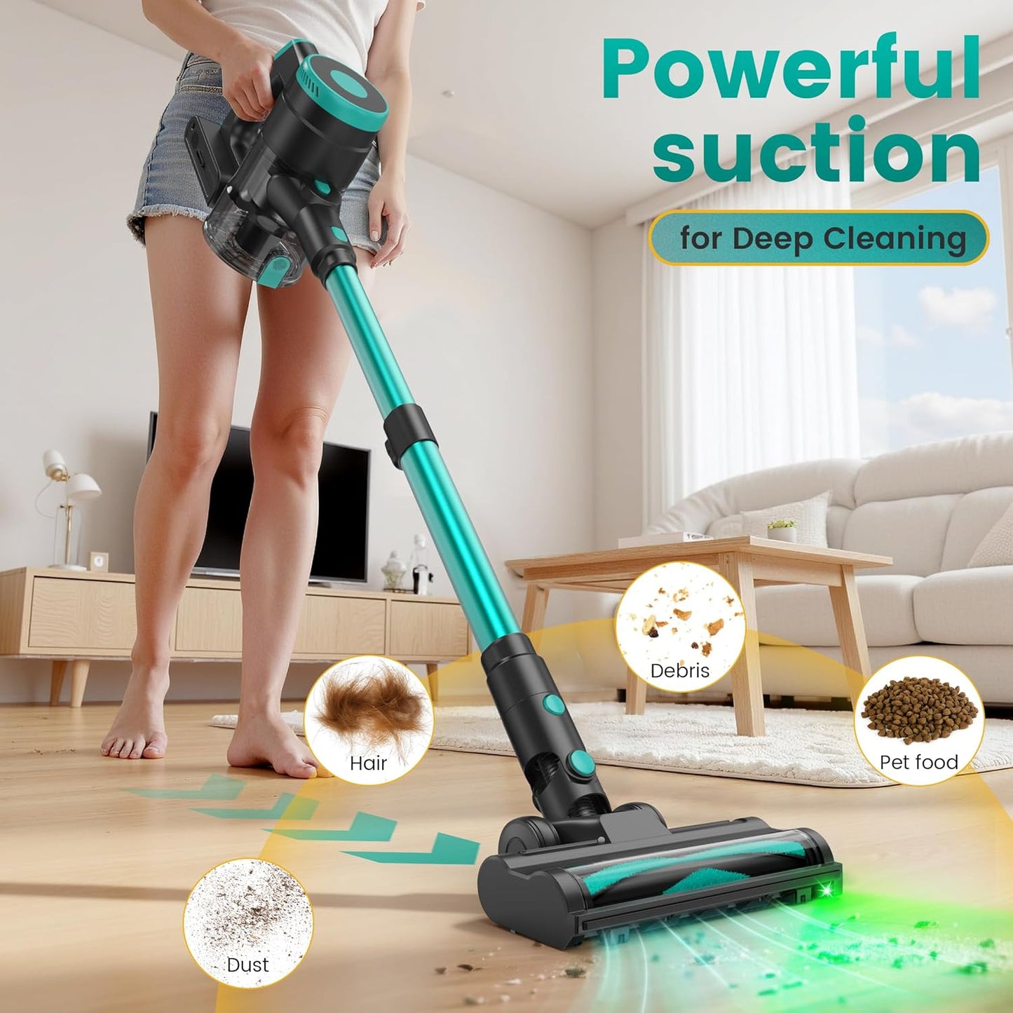 Zefiro 350W Cordless Vacuum Cleaner - 45 Minutes Runtime, Lightweight Design, 1.5L Dust Cup | Ideal for Hardwood Floors & Pet Hair (Green)