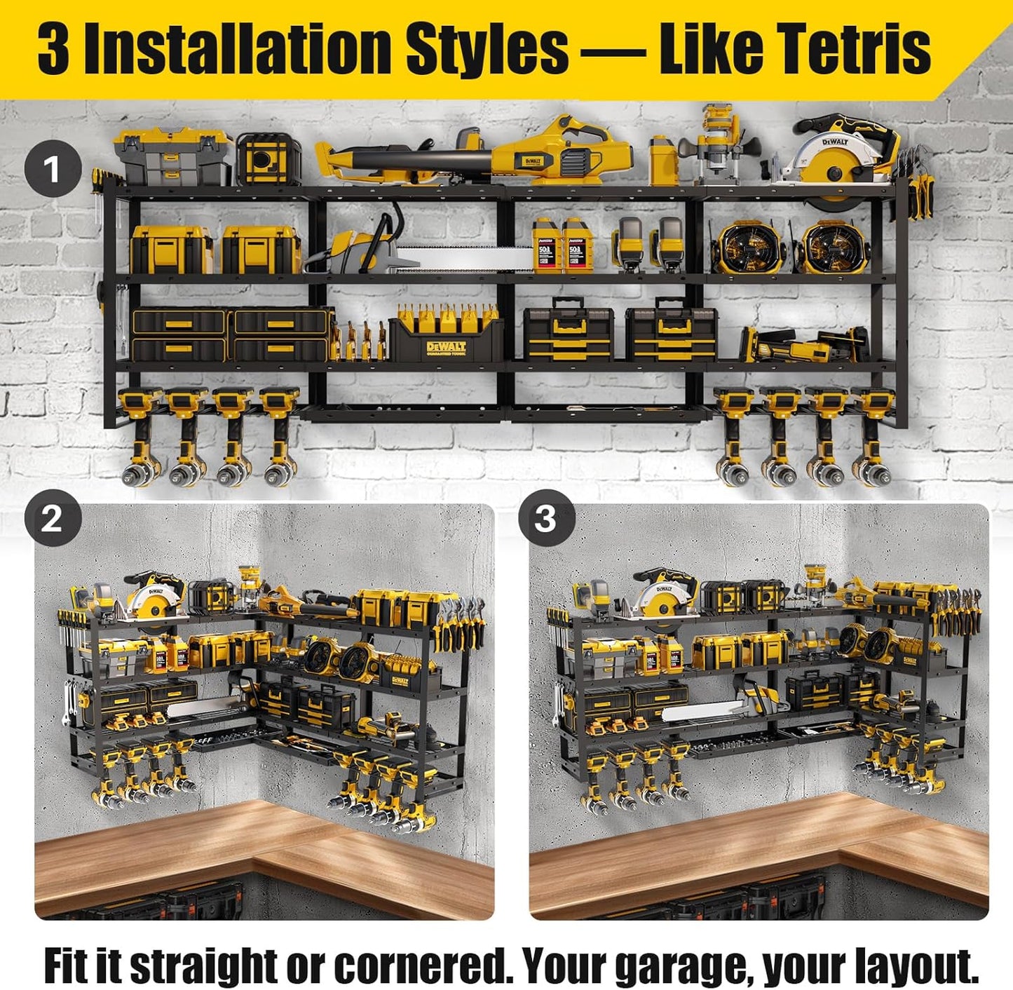 Power Tool Organizer Wall Mount by XLarge - Modular 820lbs Garage Storage Rack with 8 Cordless Drill Holders | 4-Tier Heavy Duty Utility Shelf