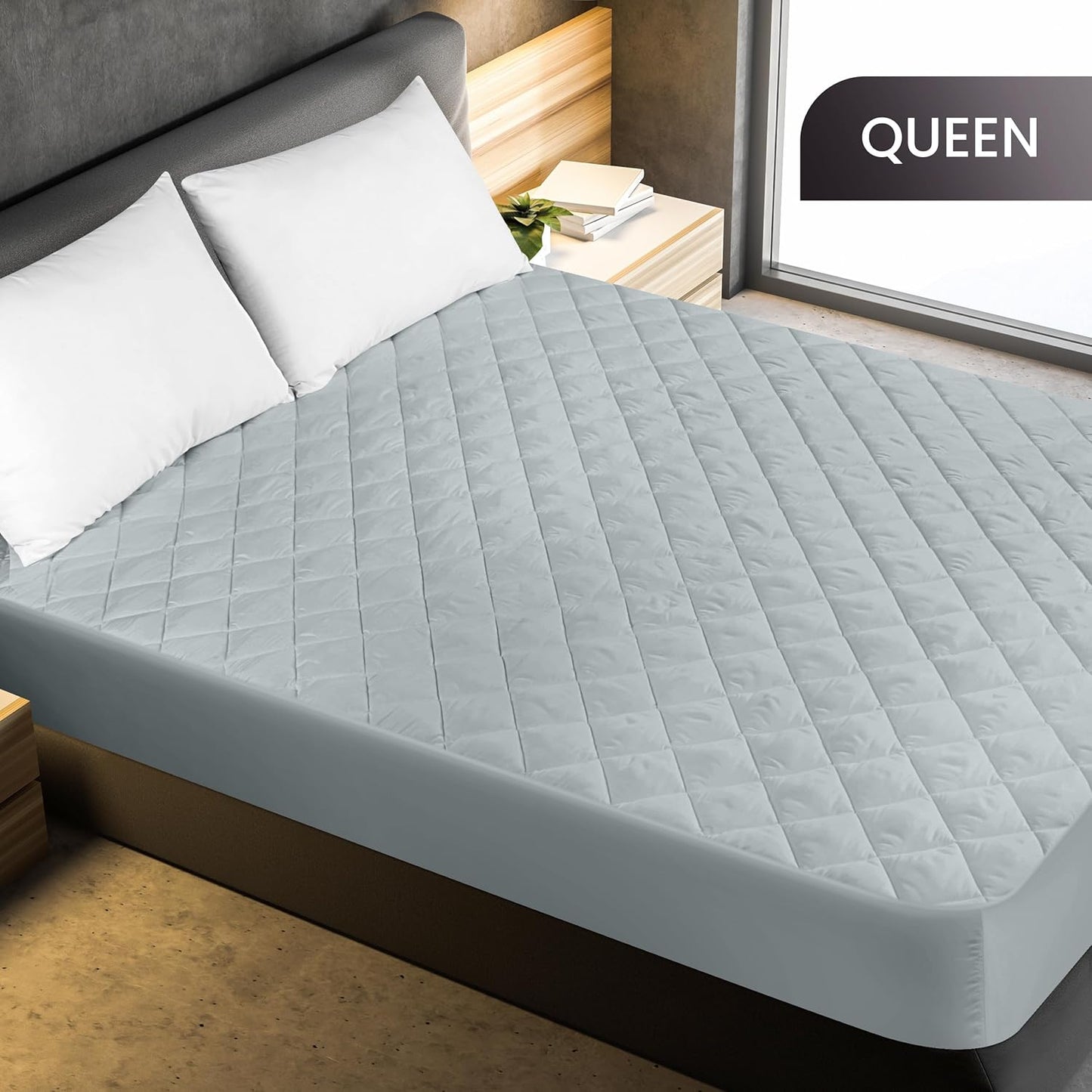 Utopia Bedding Quilted Fitted Mattress Pad - Queen Size Deep Pocket Protector | Machine Washable (Light Grey)