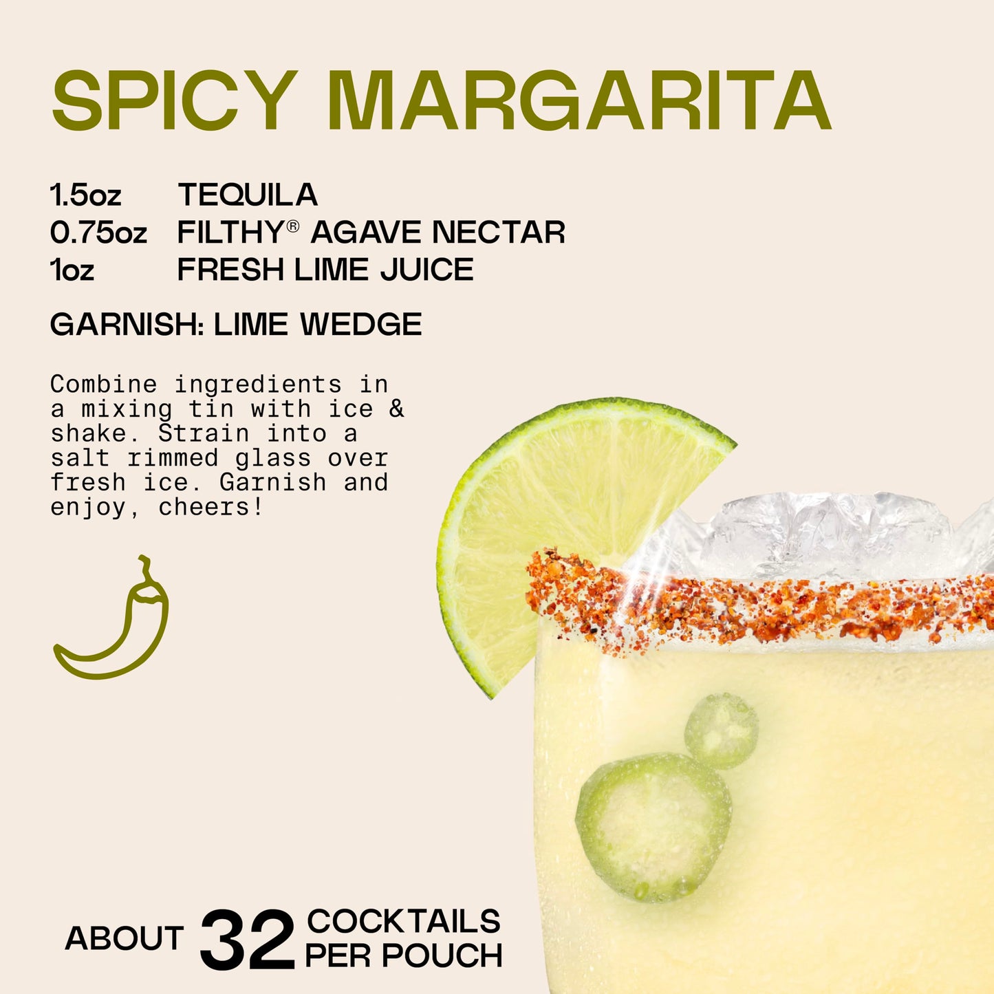 Filthy Spicy Agave Nectar All Natural Cocktail Mixer - Organic, Cocktail-Ready Agave Made With 100% Organic Blue Weber Agave - For Use in Margaritas and Your Favorite Cocktails, 32 oz Pouch, 1 Pack