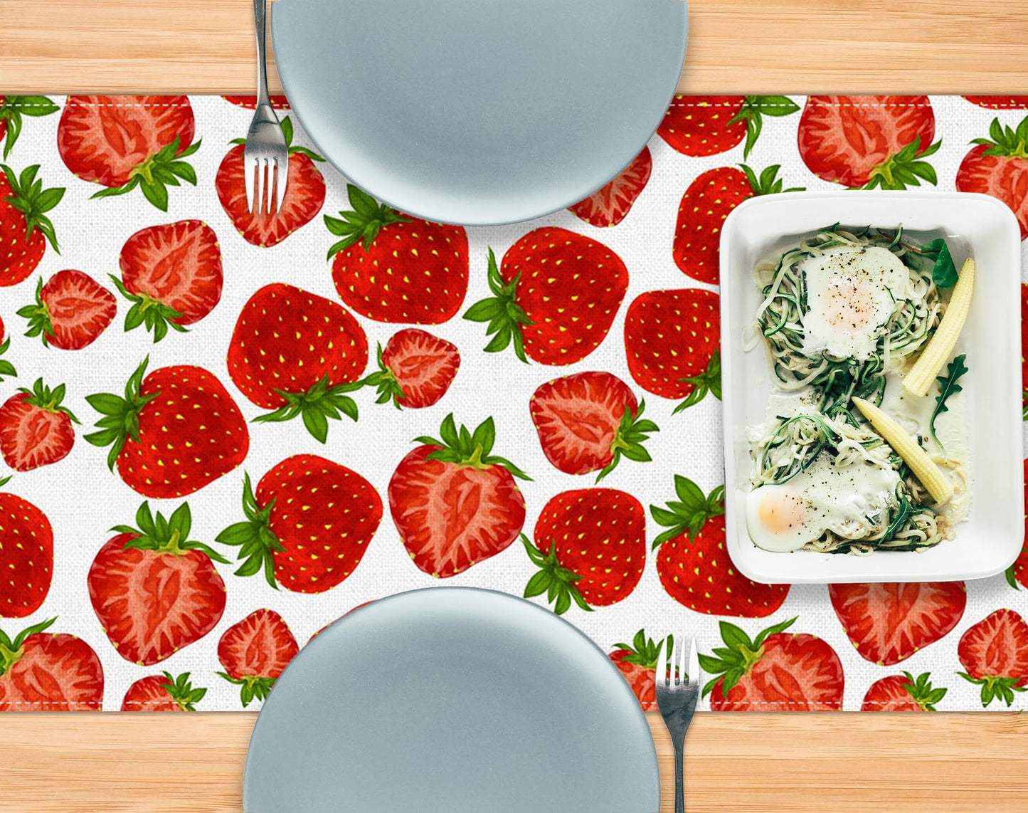 Pudodo Strawberry Table Runner Spring Summer Fruit Strawberry Themed Birthday Baby Shower Party Kitchen Dining Home Decoration (13" x 72")