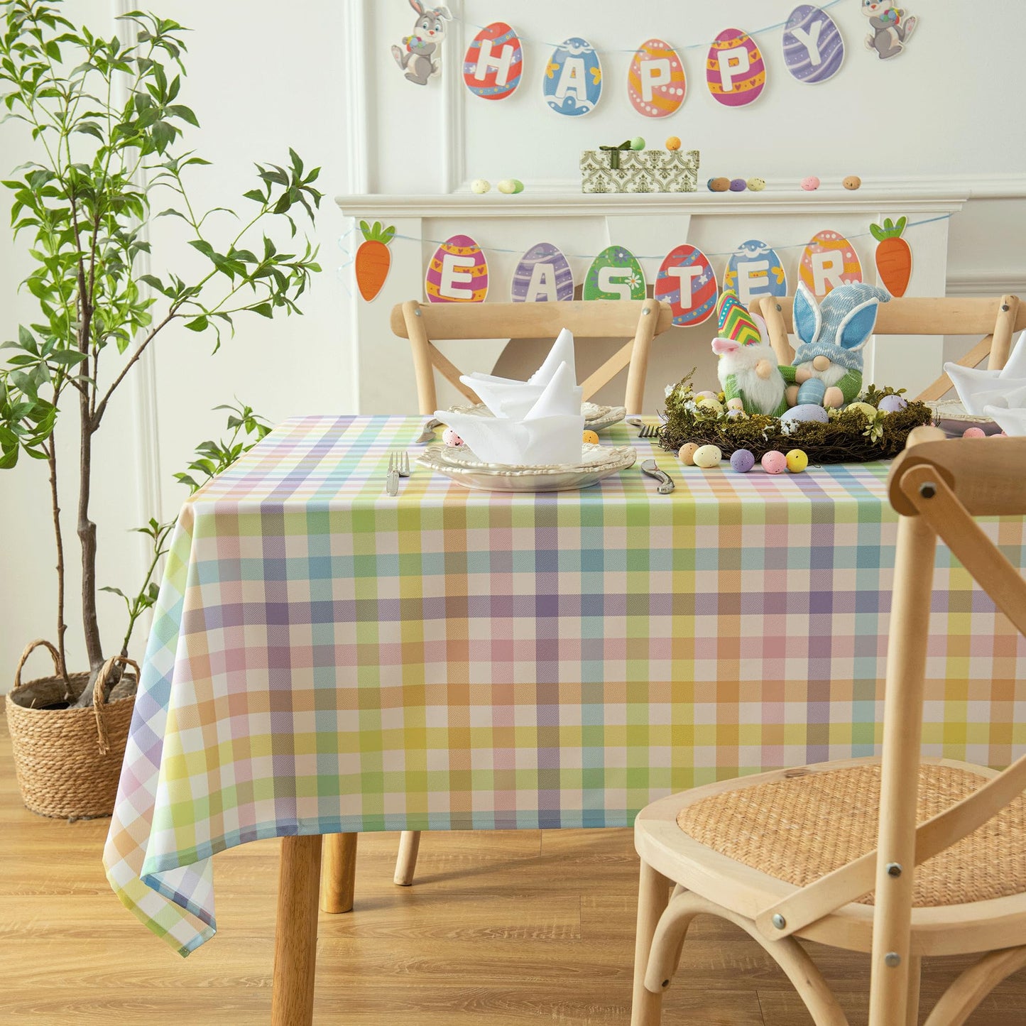 Essifunia Waterproof Colorful Chequer Tablecloth Fabric - Spring Oblong 52x70 Inch Classic Buffalo Tartan Festive Table Cloth for Indoor Use - Easter Sunday for Dinner, BBQs, and Parties