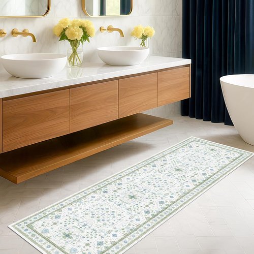 Hazo Haus Boho Bathroom Runner Rug - Cream Green Oushak Floral, Washable & Non-Slip | 2x7 Size