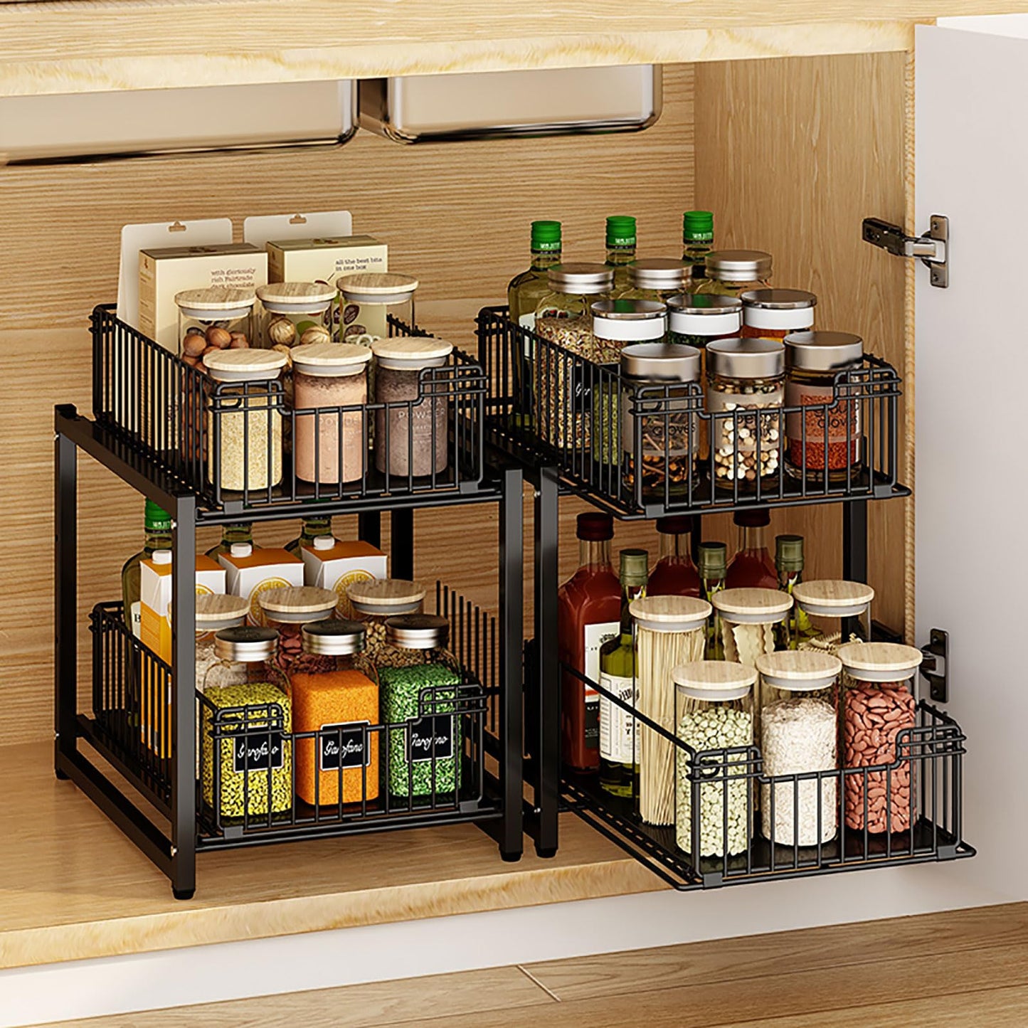 Under Sink Organizer, 2-Tier Pull Out Cabinet Organizer, Kitchen Bathroom Organizer and Storage, Spice Rack for Kitchen, Multi-use Sliding Drawers Shelves, Pack of 2