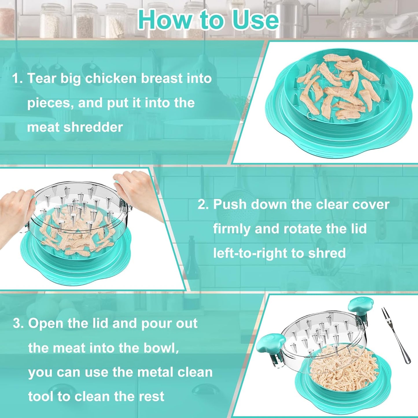 SURETIVIAN Chicken Shredder - Ergonomic Meat Shredder Tool with Brush & Fork | BPA-Free, Mint Green