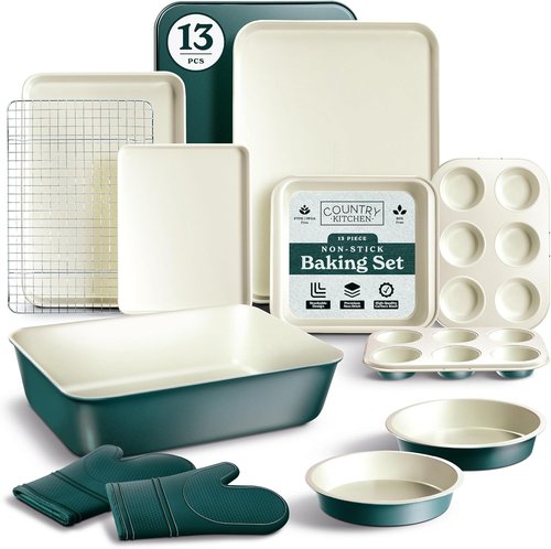 Country Kitchen Nonstick Bakeware Set - Deluxe 13-Piece Heavy Duty Baking Set in Sage