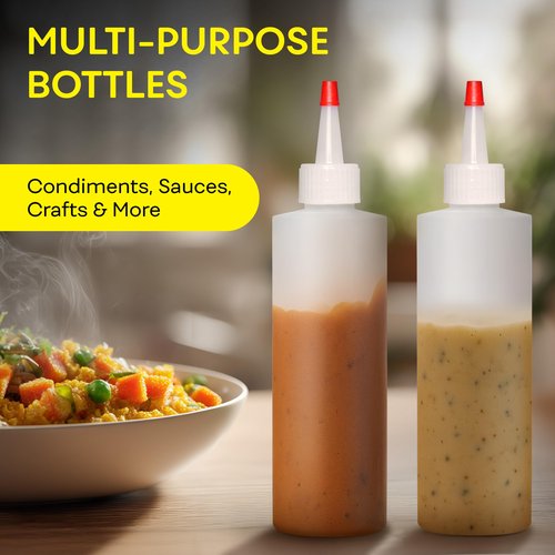 Condiment Squeeze Bottles, 8 OZ Empty Squirt Bottle, Red Top Cap, Leak Proof - for Ketchup, Mustard, Syrup, Sauces, Dressing, Oil, Arts & Crafts, BPA FREE Plastic - Perfect for Kitchen - 2 PACK