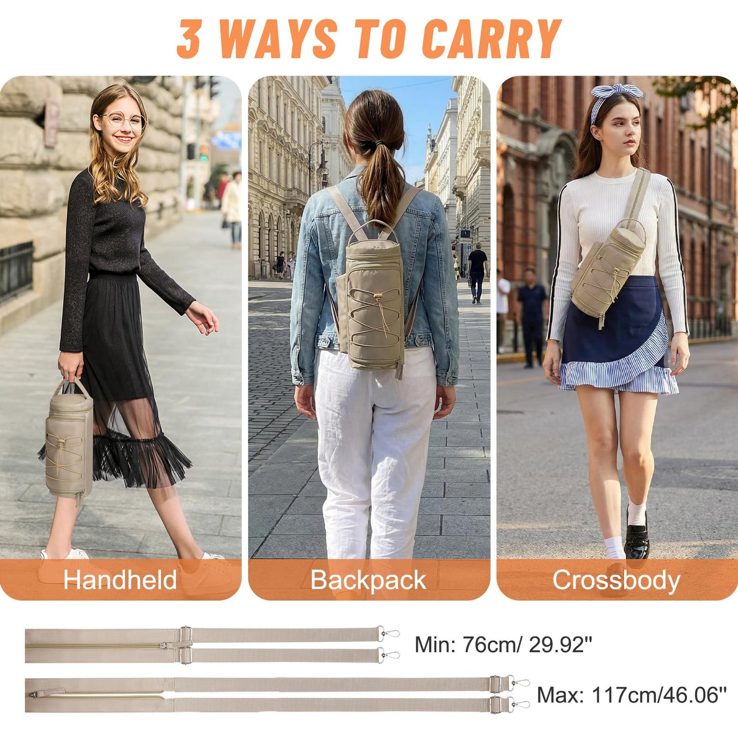 Nuovoware Small Sling Backpack, Sling Bag 25oz/32oz/40oz/50oz Water Bottle Carrier with Zippered Cap, 2 Pockets, Adjustable Shoulder Strap Carrier for Walking Traveling, Camel
