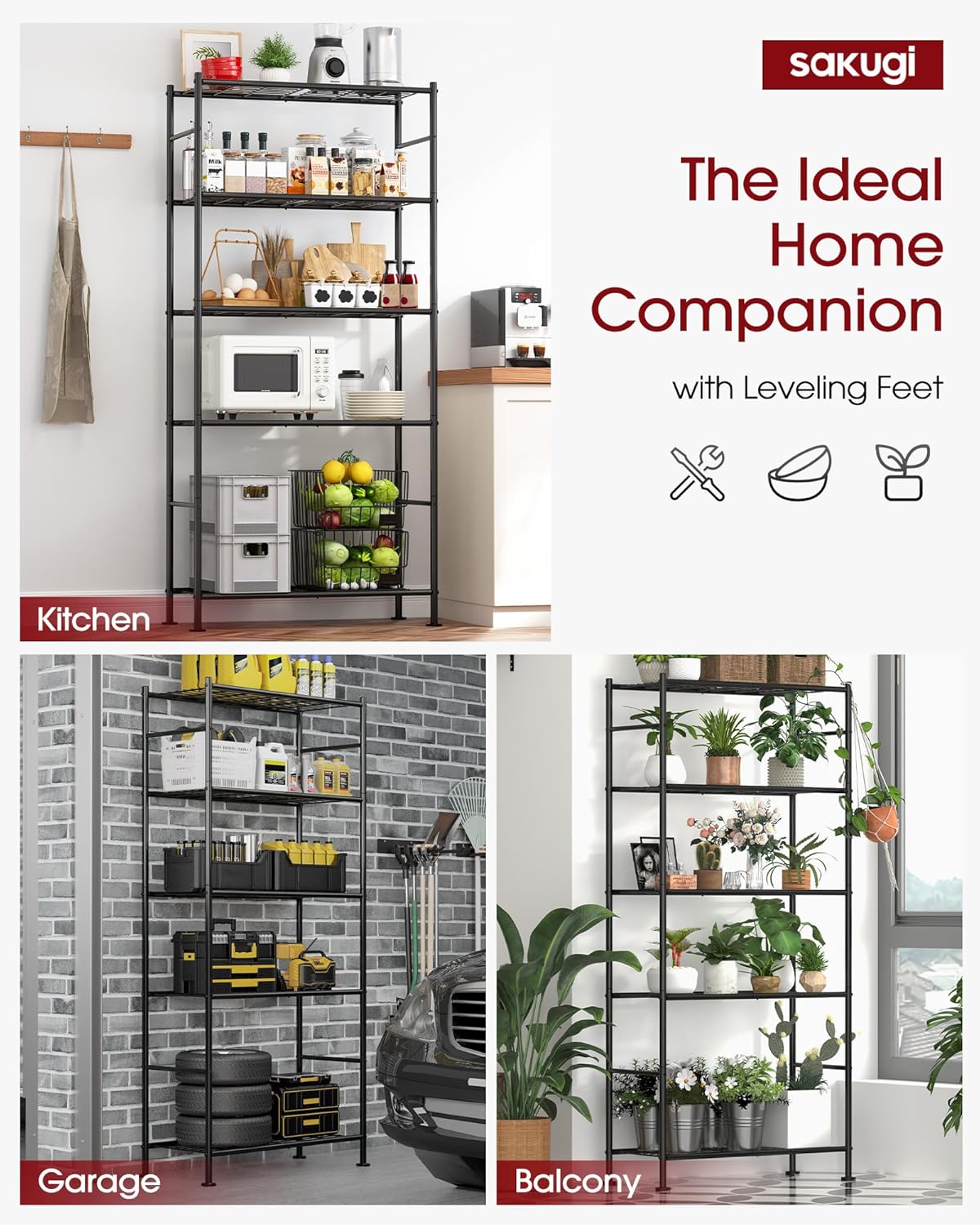 Sakugi Storage Shelves Organizer - Heavy-Duty 5-Tier Metal Shelf with Wheels | Adjustable for Kitchen, Pantry, Closet - 33.1"x12.6"x73.5", Black