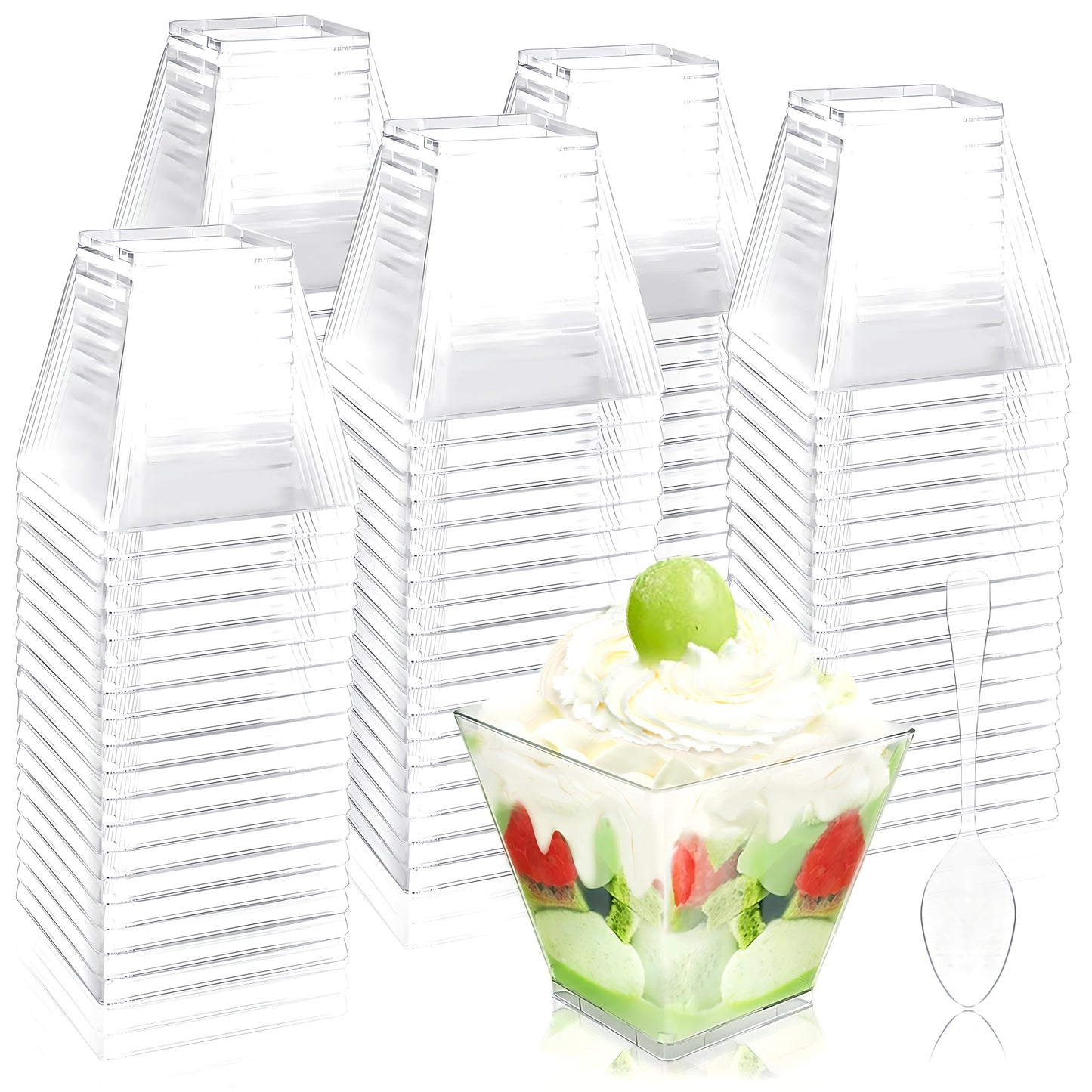 Jnnzzggu 100Pcs 3.5 oz Mini Dessert Cup with Spoons,Square Plastic Dessert Cups,Clear Parfait Appetizer Cup for Ice Cream,Birthday,Parties,Jellies,Nuts,DIY,Wedding