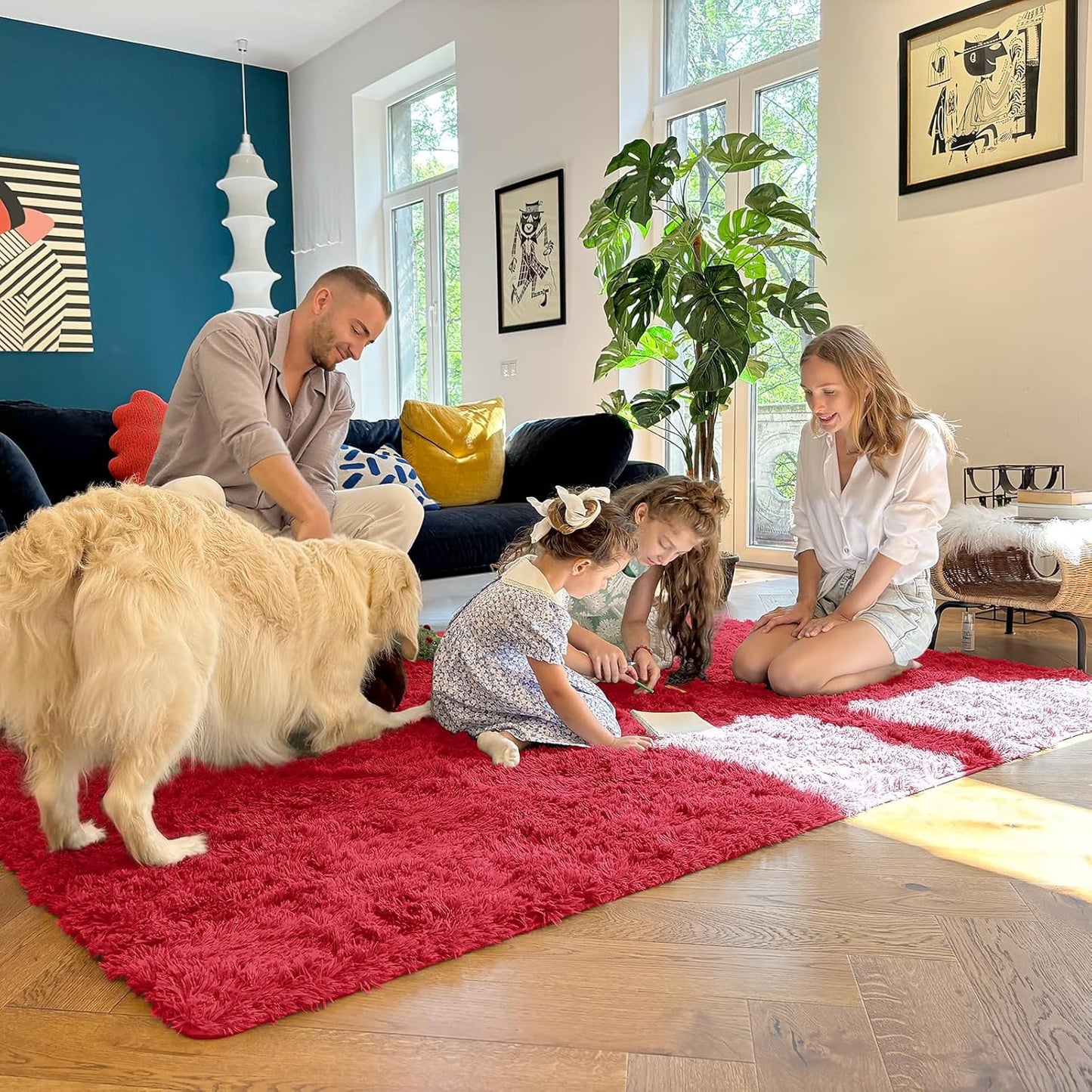 OLANLY Large Area Rug - Soft Fluffy Shaggy Carpet for Living Room & Bedroom | 5x8 Red Design