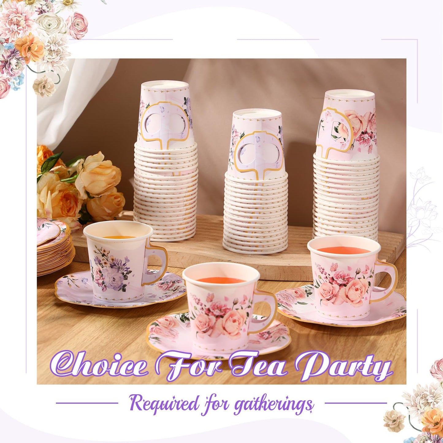 Umigy 60 Set 6.5 oz Floral Paper Tea Cups with Handle and Plates Tea Party Decorations with Tape Disposable Blossom Teacups and Saucers Sets for Hot Cold Birthday Drink(Elegant)