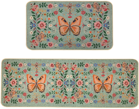 SHIYUE Boho Kitchen Mat Set of 2, Green Butterfly Flower Kitchen Rugs Farmhouse Modern, Non Skid Washable Rubber Runner Rugs, Kitchen Decor Accessories（17x47in+17x30in）
