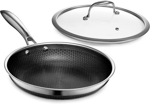 HexClad Hybrid Nonstick 10-Inch Frying Pan - Tempered Glass Lid, Stay-Cool Handle, Oven-Safe Up to 900°F