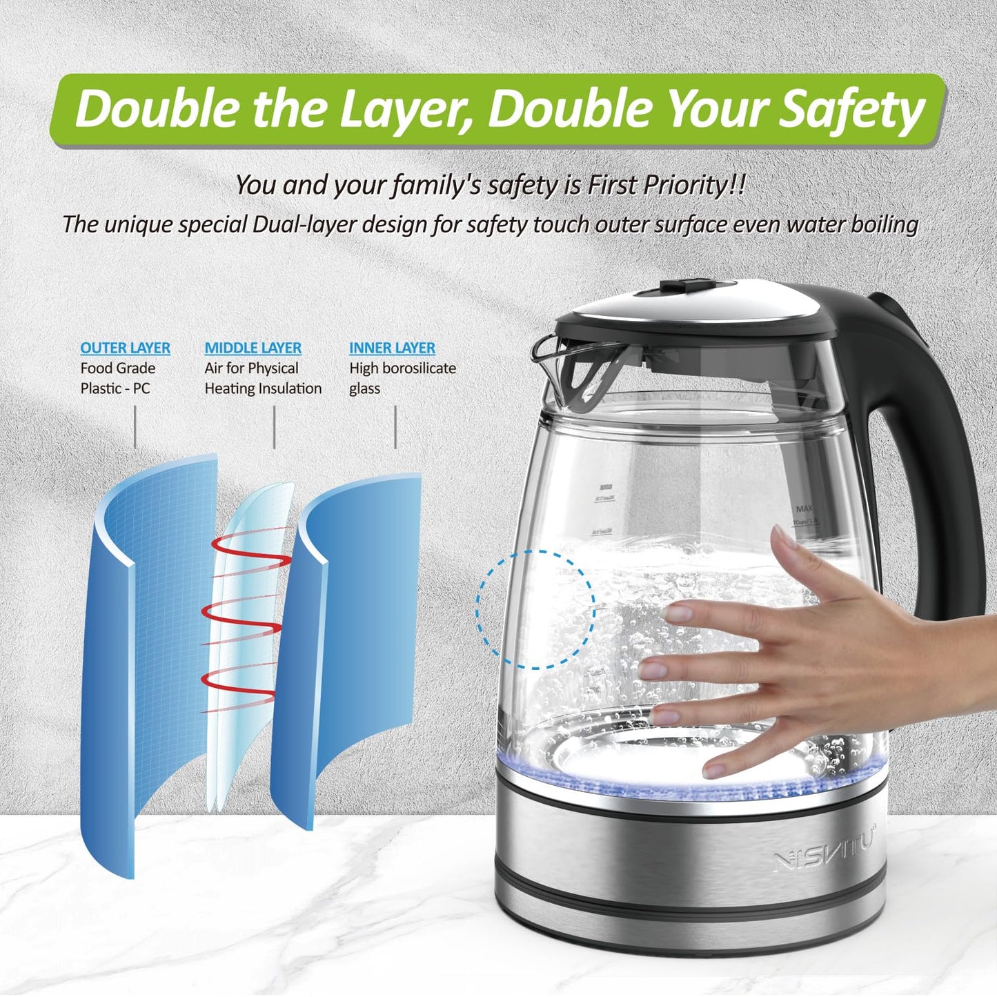 NISVITU Glass & Stainless Steel Cordless Electric kettle for boiling water, Hot water boiler Electric Tea Kettle automatic shut off Boil-Dry Protection, PC Outer + Glass Inner, 1500W, 1.7L, BK