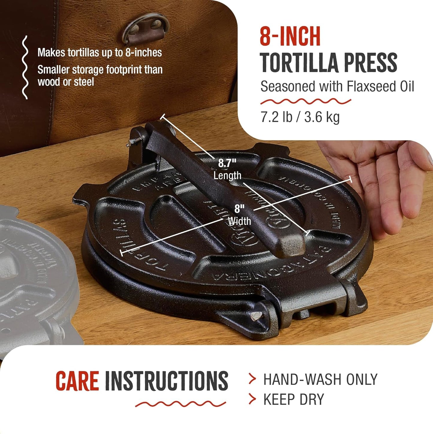 Victoria Cast Iron Tortilla Press - 8 Inch Roti Maker Seasoned with Flaxseed Oil | Traditional Black Finish