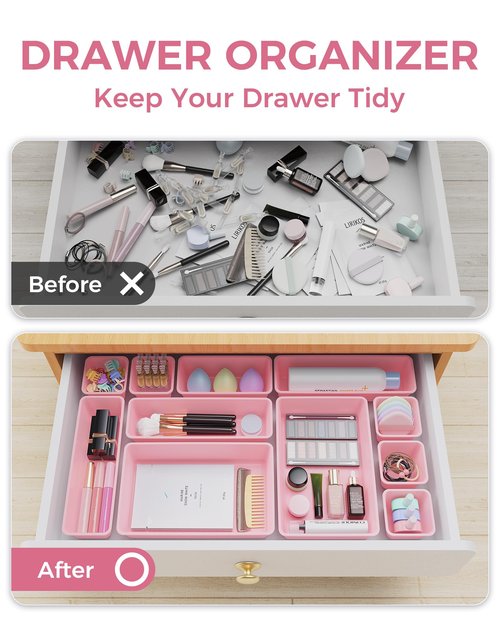 BiuLeon 25 PCS Plastic Drawer Organizers Set, 4-Sizes Vanity and Makeup Organizer, Desk and bathroom Drawer Organizer Trays, Organizers and Storage for Makeup, Jewelry, Gadgets, Utensils (Pink)