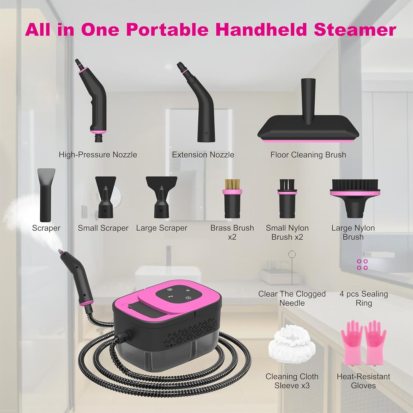 Skiennix Portable Steam Cleaner - 16-Piece Accessory Set, 6-Level Adjustable, Fast 15s Heat-Up | Lightweight Handheld for Home & Car Detailing