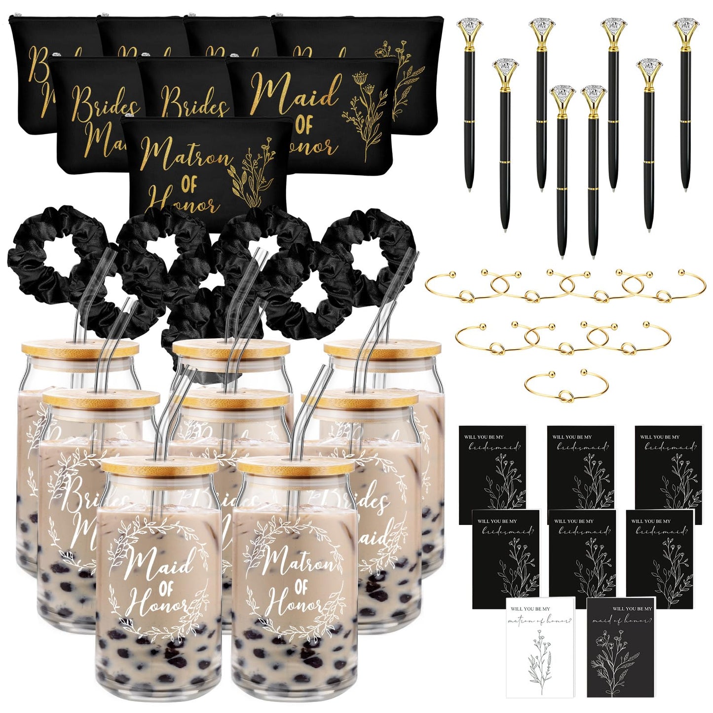 Irenare 48 Pcs 8 Set Bridesmaid Proposal Gifts Maid of Honor Gifts16oz Glass Cups Cosmetic Makeup Bags Invited Cards Scrunchies Hair Knotted Bracelets Diamond Pens(Classic Style,Black)