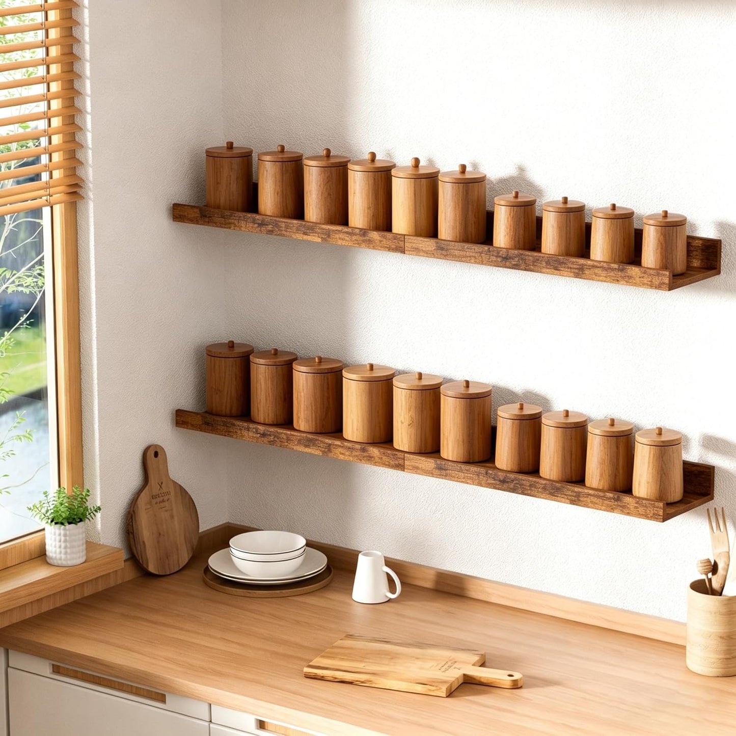 Upsimples Floating Wall Shelves - Set of 6 Decorative Wood Shelves for Bedroom, Living Room, Bathroom & Kitchen - Brown