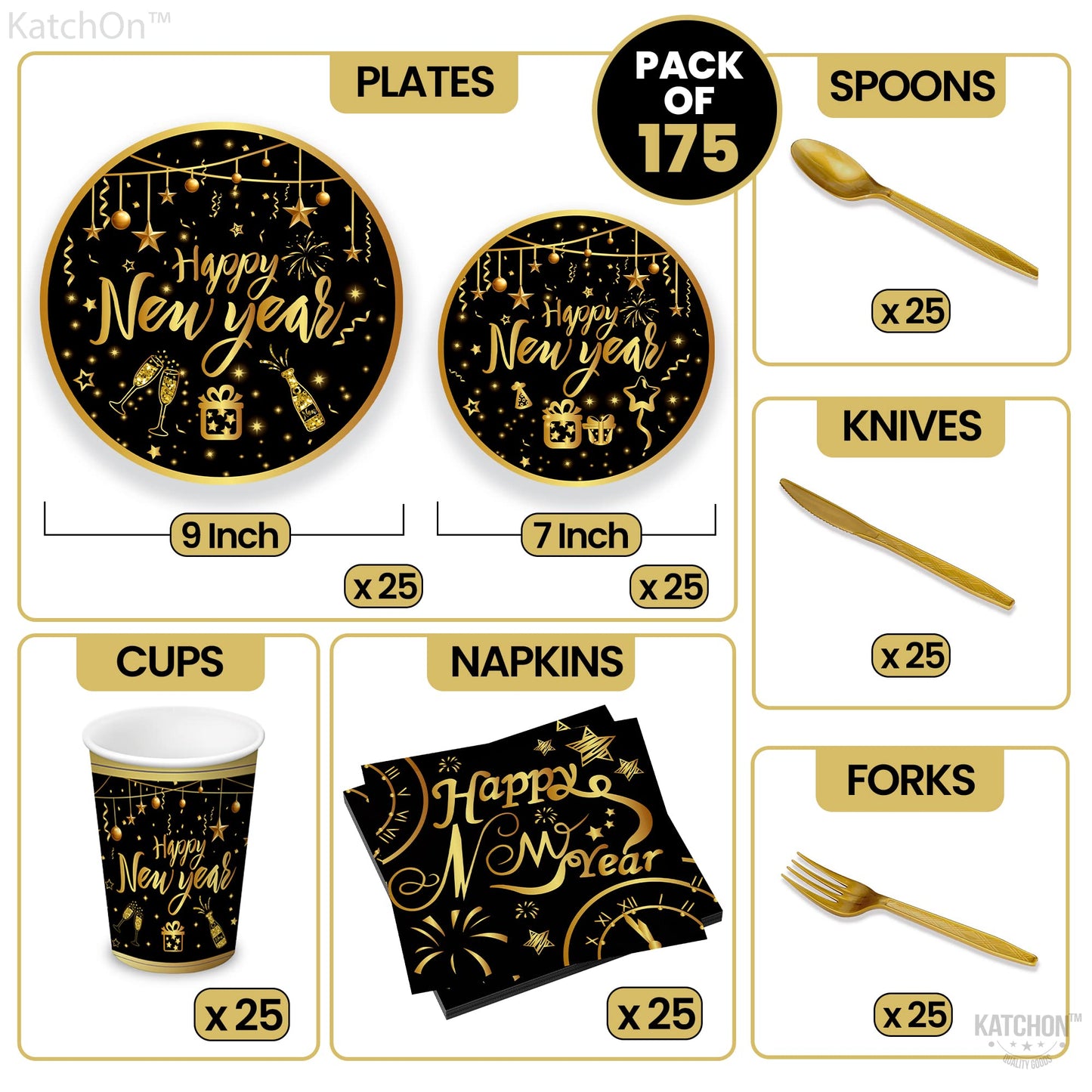 KatchOn, Happy New Year Plates Cups and Napkins Set - Serves 25 Guest | New Years Eve Party Supplies for New Years Decorations 2026 | Happy New Year Tableware for Nye Decorations 2026