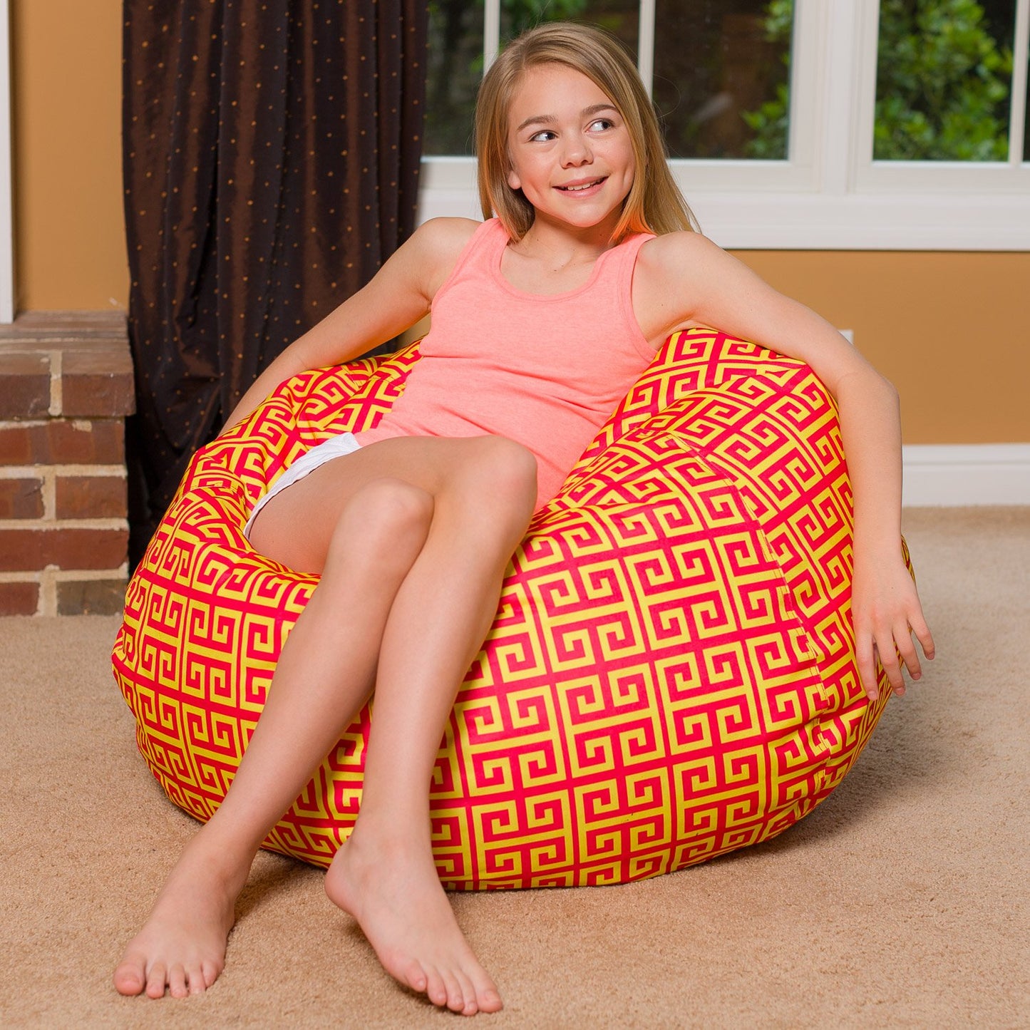 Posh Creations Bean Bag Chair for Kids, Teens, and Adults Includes Removable and Machine Washable Cover, 38in - Large, Pattern Scrolls Red and Yellow