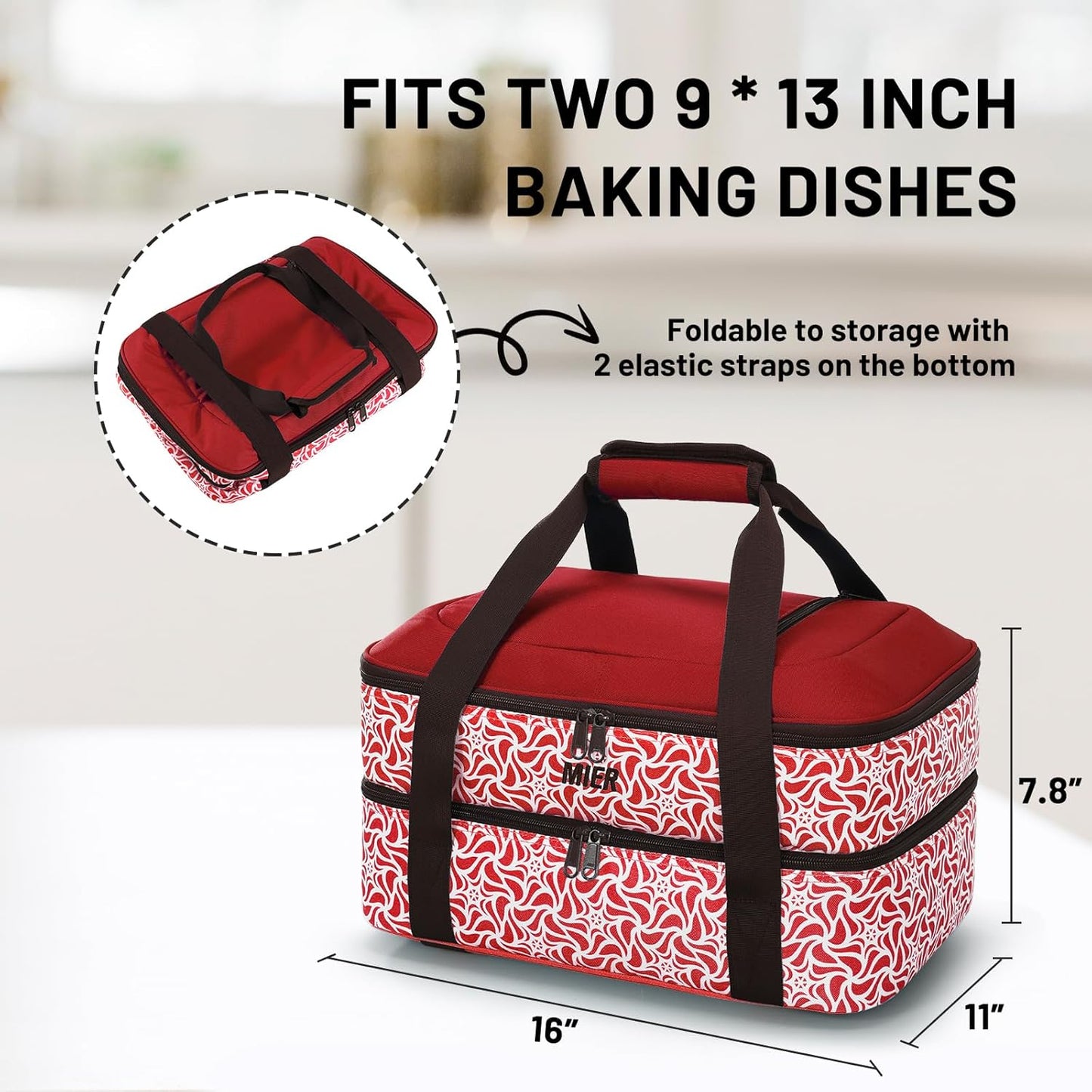 MIER Insulated Casserole Carrier - Double Food Carrier Bag for 9"x13" Dishes | Red Thermal Holder for Hot or Cold Food