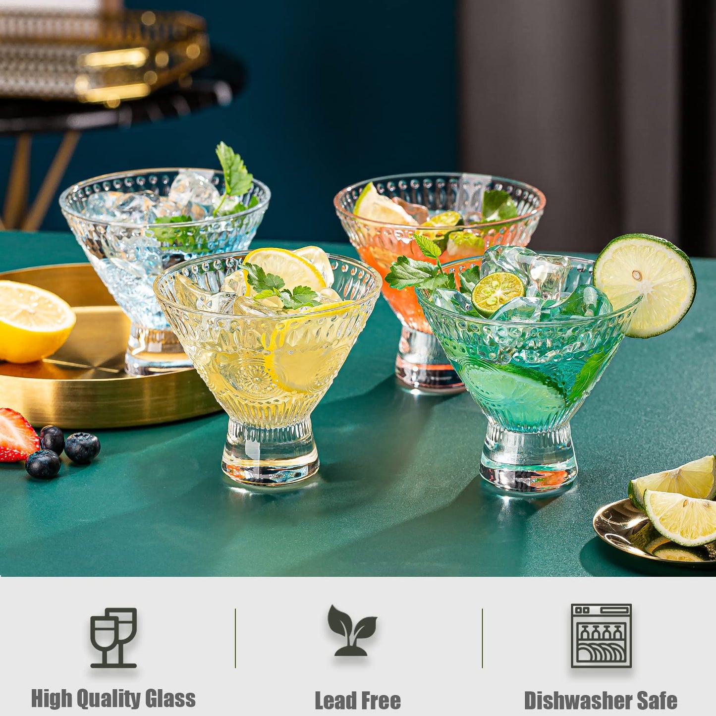 wookgreat Stemless Ribbed Martini Glasses Set of 6, 5oz Crystal Cocktail Glass, Margarita Glasses, Art Deco Coupe Glasses, Heavy Base Bar Glassware for Martini, Cosmopolitan, Gimlet, Dishwasher Safe