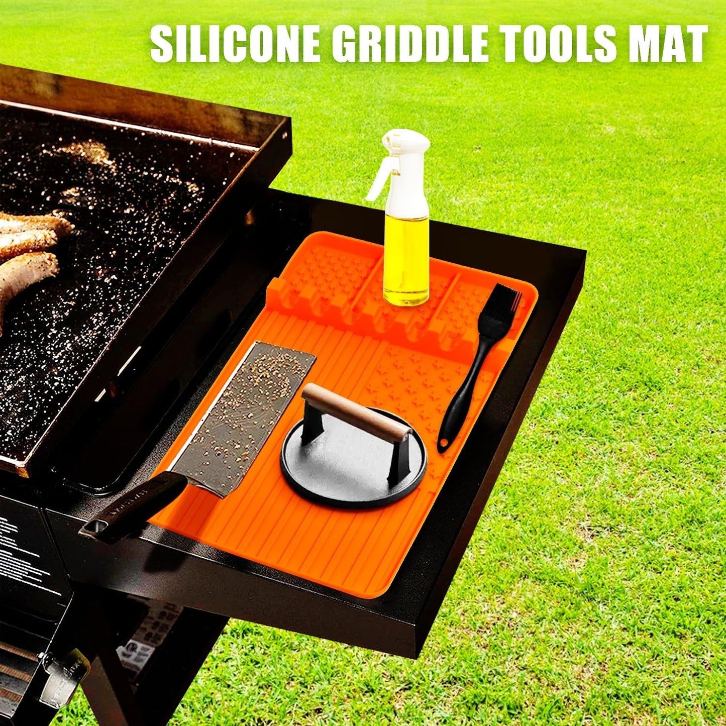 Skiennix Silicone Grill Mat - 2 PCS BBQ Griddle Tools with Drip Pad | Perfect for Outdoor Cooking (Orange)