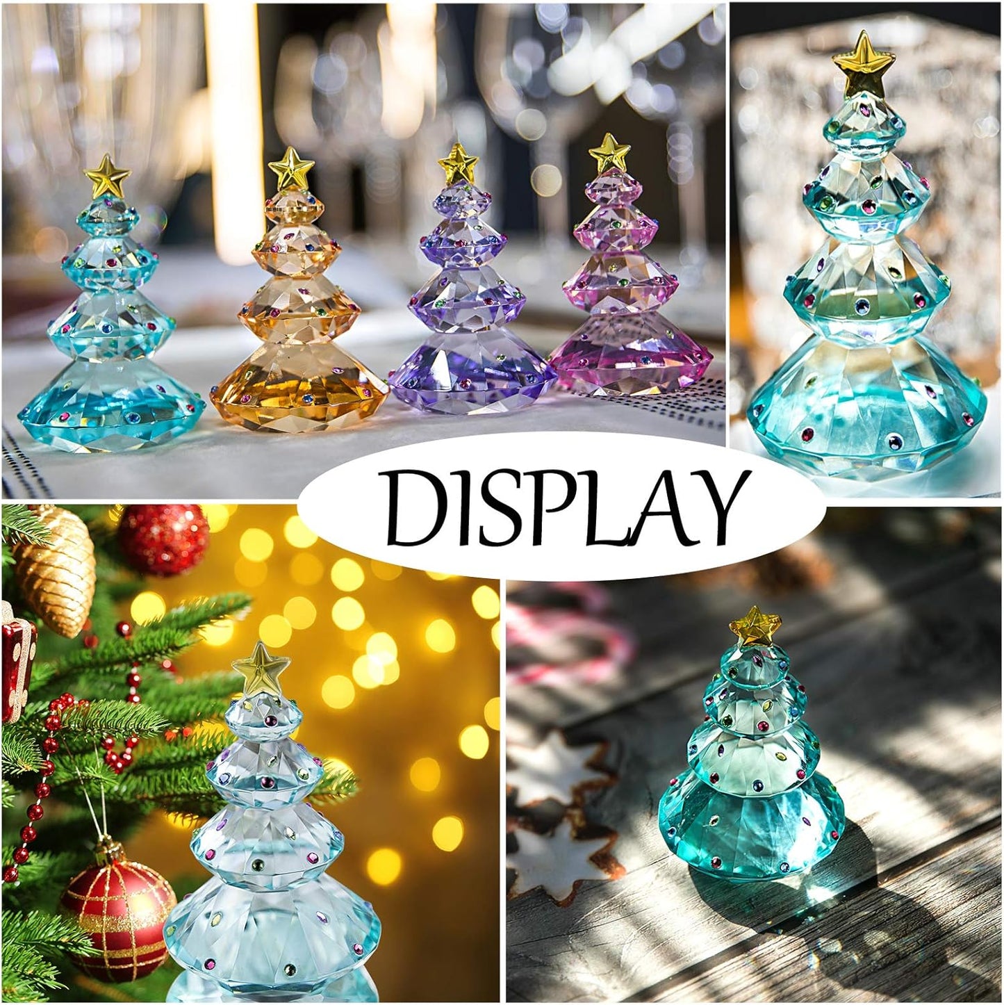 QFkris Crystal Christmas Tree Figurine - 3.5" Blue Glass Paperweight Table Ornament for Holiday Decor