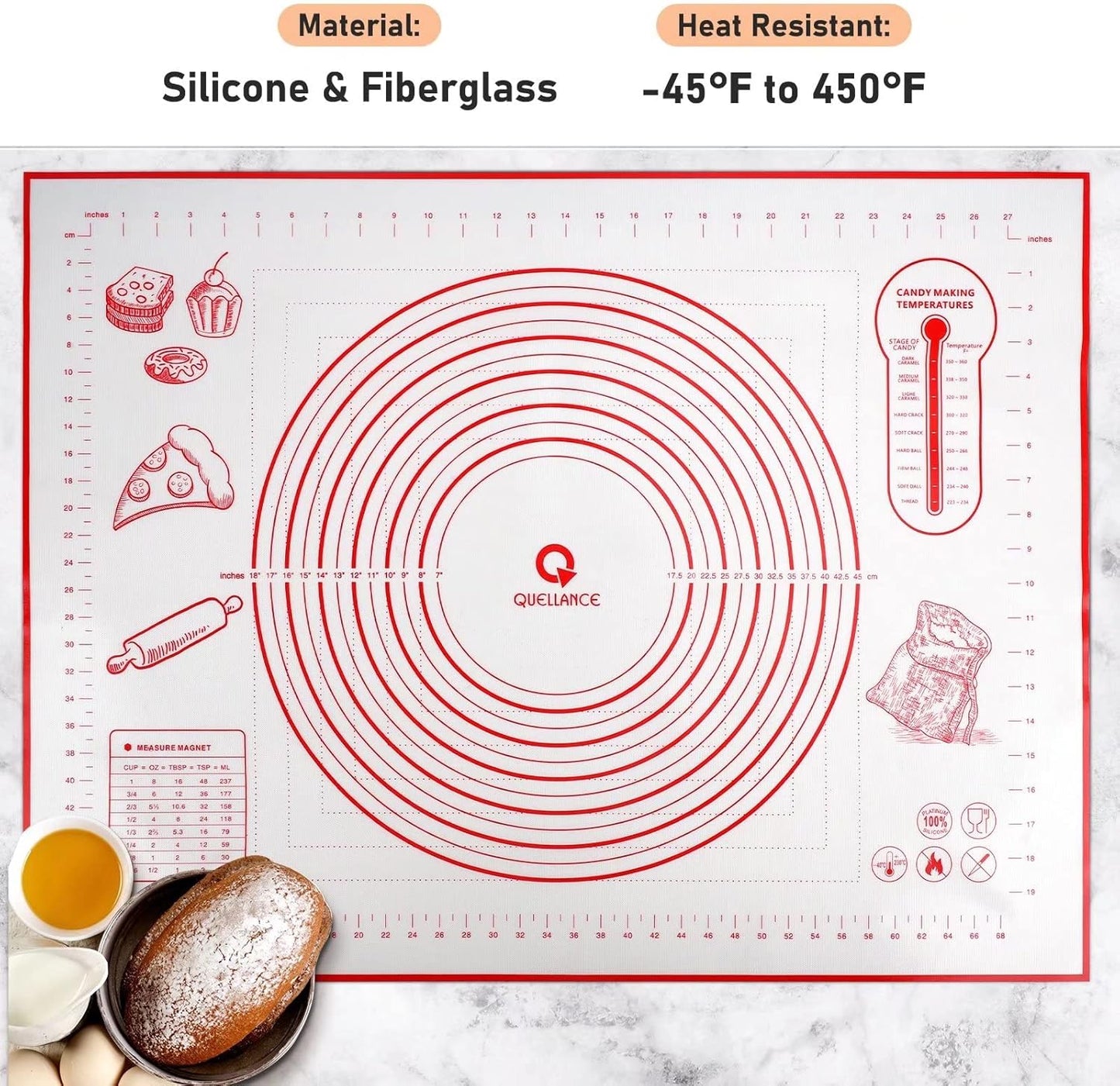 Skiennix Extra Large Silicone Pastry Mat - Non-Stick Baking Mat with Measurements, 24" x 32", Red