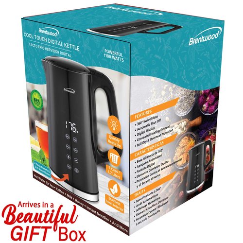 Brentwood 1100W 1.7L Cordless Cool Touch Digital Kettle with Stainless Steel Interior, Temperature Control with 4 Presets, 360° Base, Auto Shut-Off, Keep Warm, & Boil Dry Protection (Black, 7.2 Cups)