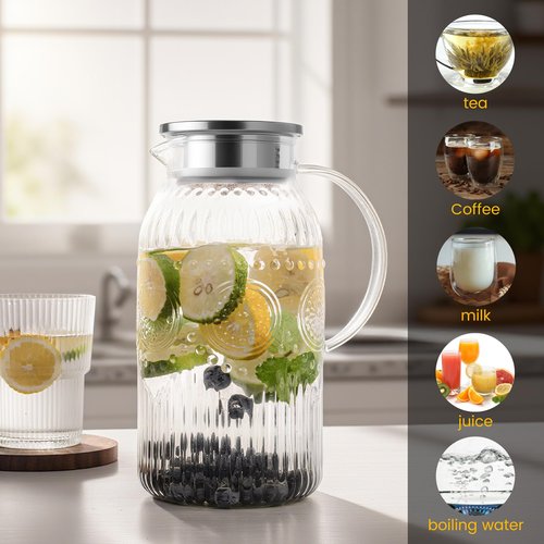 Bandesun Glass Pitcher with Lid, 68 oz/ 2 Liter 2Pack Vintage Water Pitcher,Glass Water Carafe for Cold Brew, Coffee, Lemonade, Iced Tea,Beverage, Heat Resistant Jug