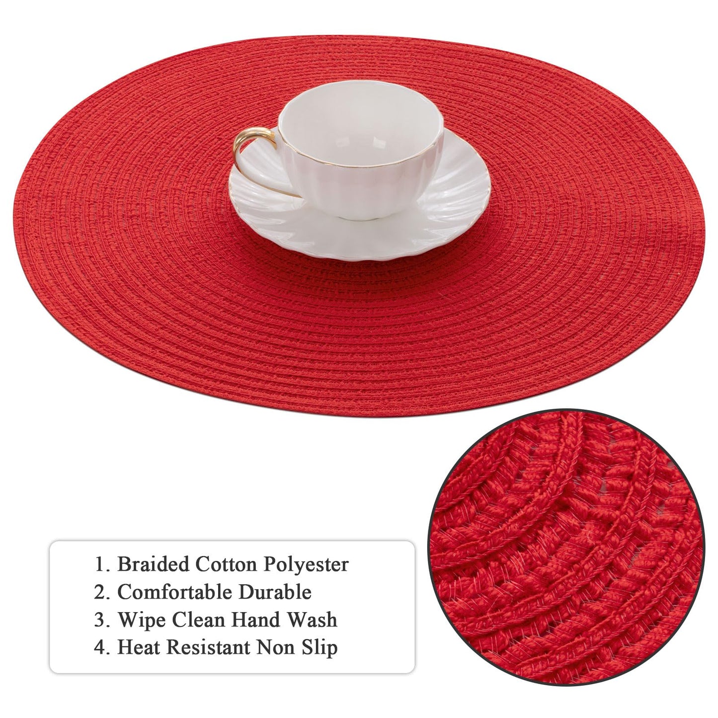 SHACOS 15 inch Round Placemats Set of 6 Braided Non Slip Washable Place Mats for Dining Tables Kitchen Table Mats Home Wedding Party Decor (Red, 6)