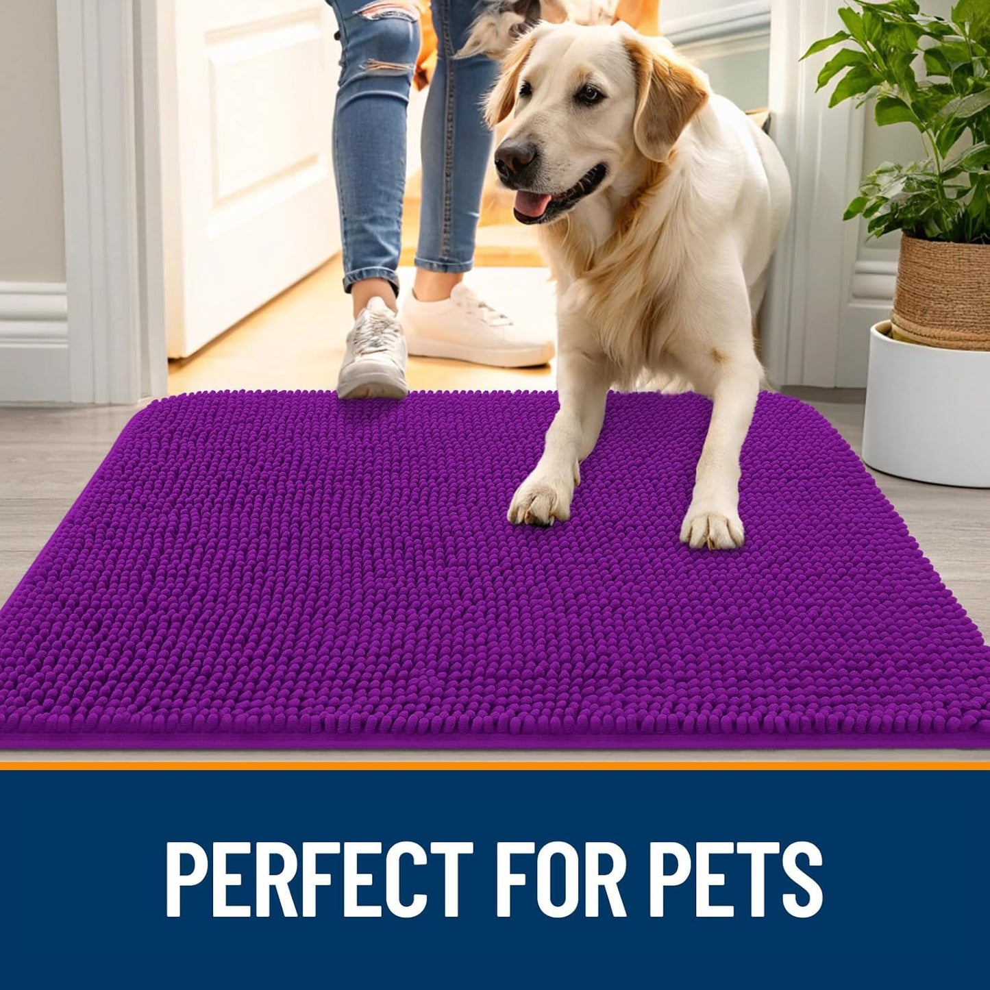 OLANLY Dog Door Mat - Absorbent Non-Slip Chenille for Muddy Paws | 50x30 Inches, Quick Dry, Purple