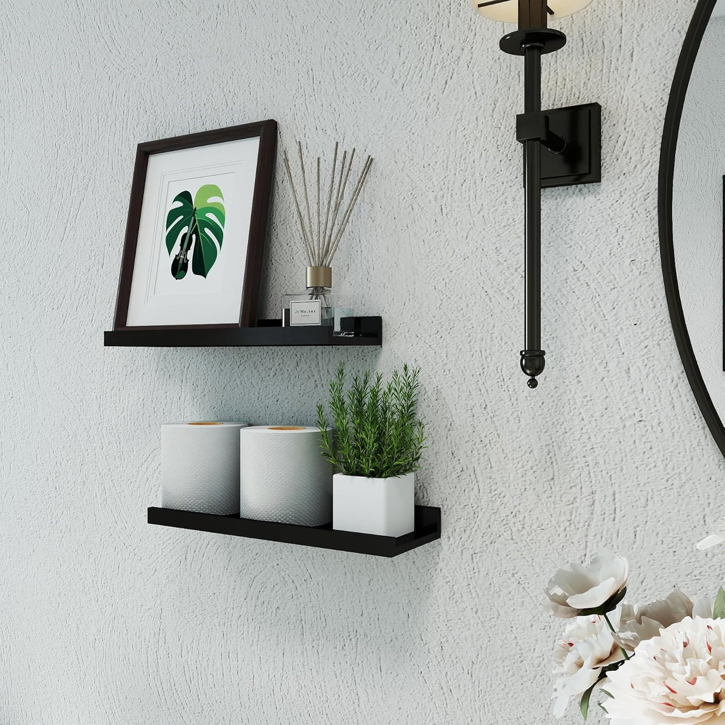 Skiennix Black Floating Shelves | Wall-Mounted Wood Storage for Bedroom, Living Room & More - Set of 2, 14 Inches
