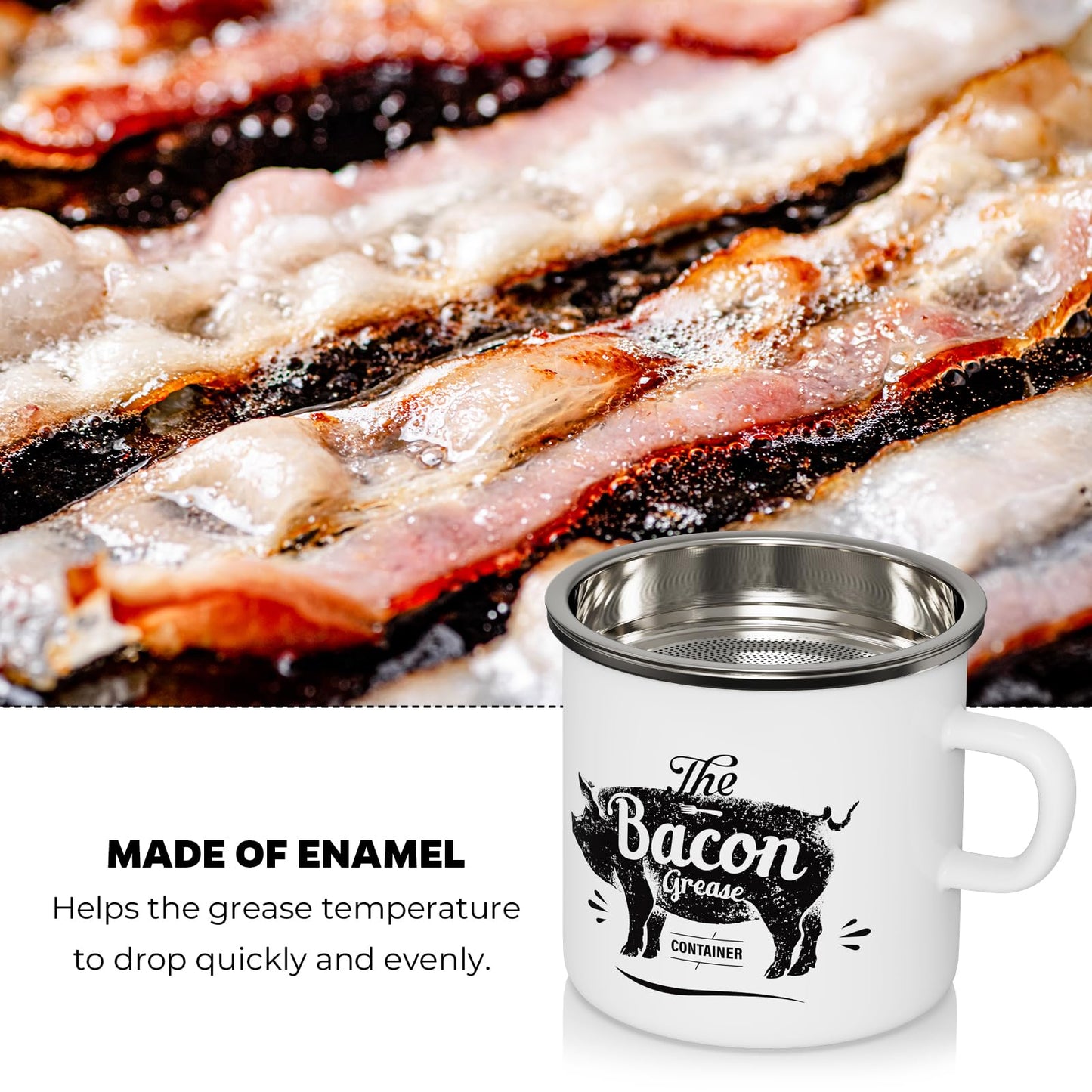 PGYARD Mini Bacon Grease Container With Strainer - 15OZ Enamel Grease Saver, Farmhouse Bacon Grease Keeper For Kitchen Fat Storage, Dishwasher Safe-White