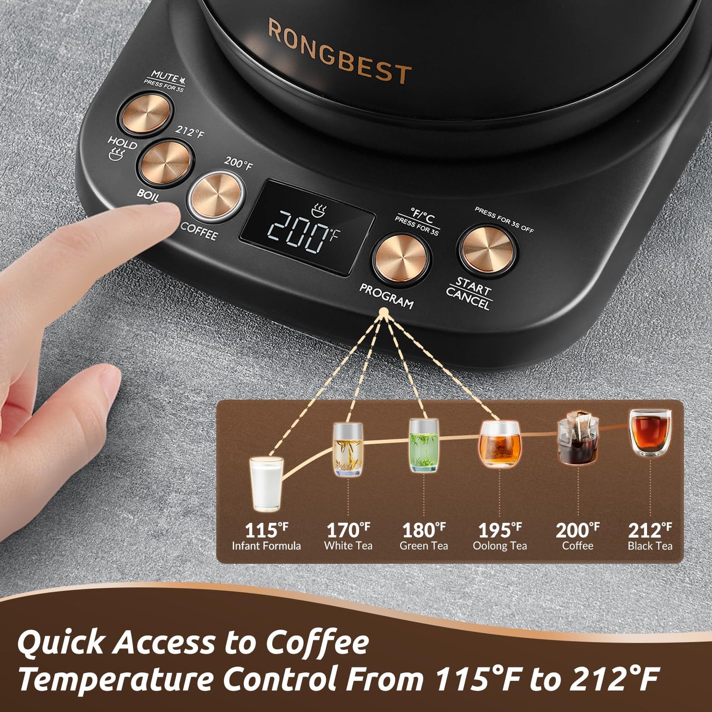 RONGBEST Electric Gooseneck Kettle 1L, 6 Temperature Presets, 1200W Quick Heating Water Pour Over Coffee & Tea Pot with Auto Shut-off & Keep-warm, Stainless Steel Inner & Lid, Matte Black