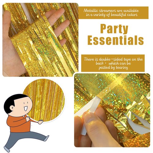 3 Pack Gold Foil Tinsel Backdrop Curtain Birthday Decorations Streamers for Dance Party Photo Booth Props Bachelorette Christmas Halloween New Years Eve Party Supplies