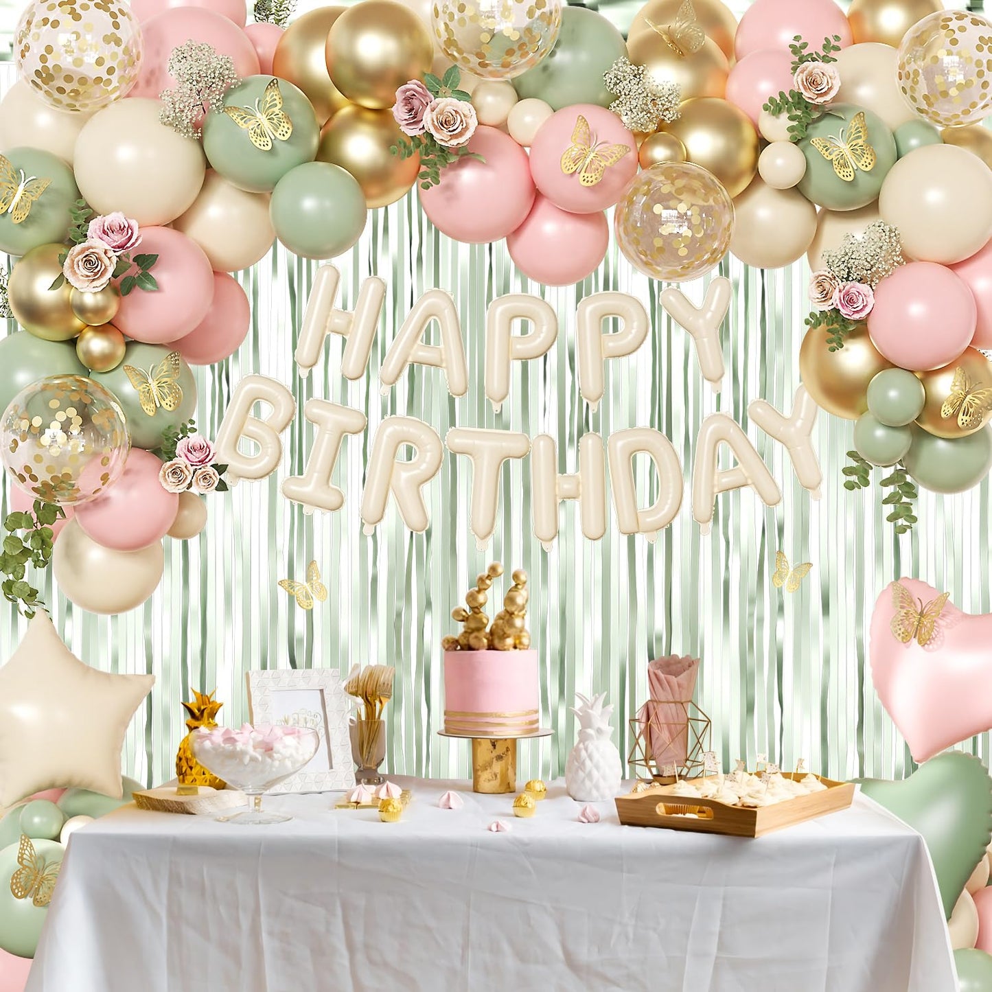 Pink and Sage Green Birthday Decorations, Pink Green Sand White Metallic Gold Foil Confetti Balloons Happy Birthday Banner Gold Butterfly Fringe Curtains Birthday Decorations for Women Girls Teens