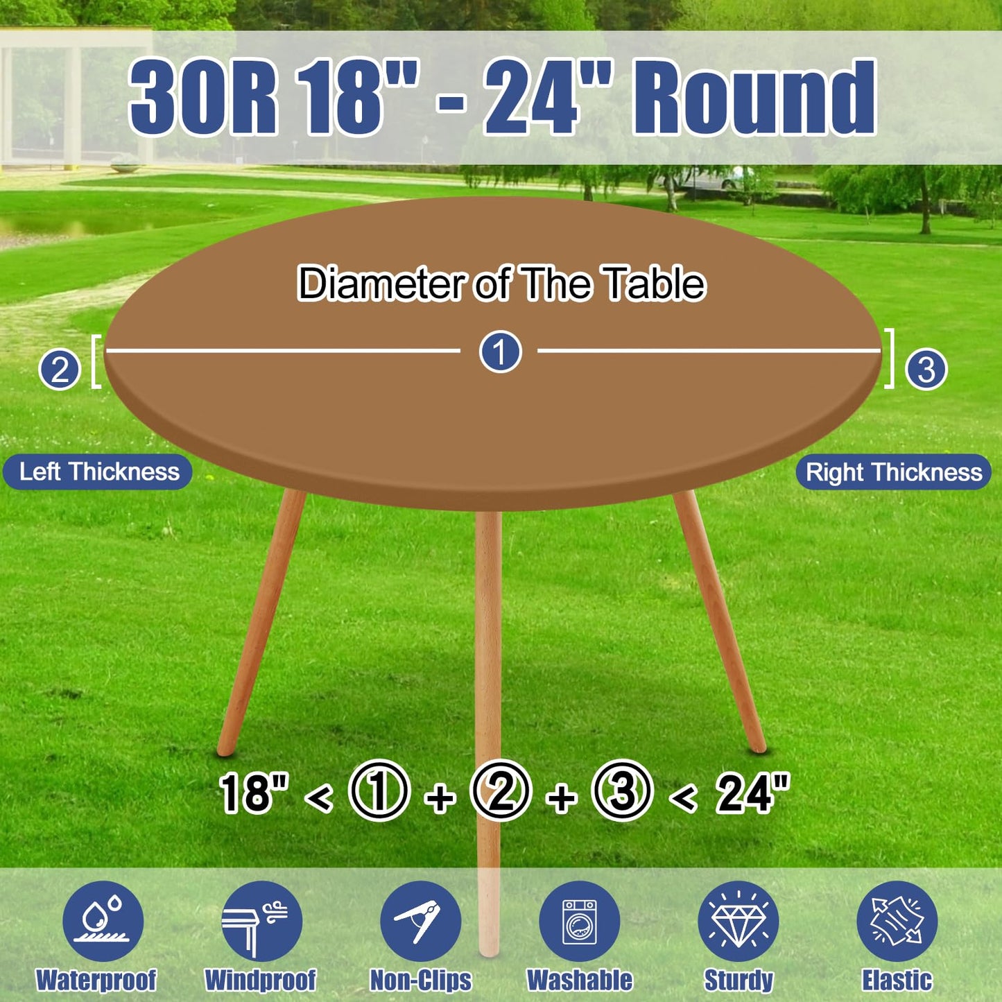 Moosfor Round Spandex Tablecloth, Elastic Fitted Waterproof Tablecloths for 18"-24" Tables, Stretch Washable Picnic Table Cover for Camping, Dining, Indoor and Outdoor,Brown