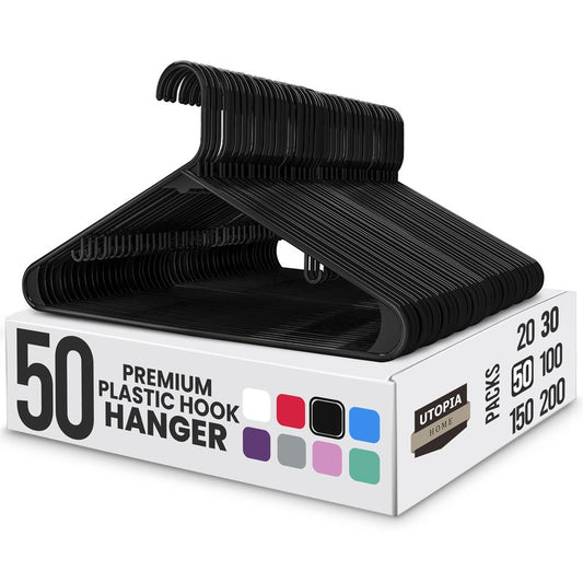 Utopia Home Plastic Hangers 50 Pack - Space Saving Clothes Hanger - Durable & Strong Closet Organizers and Storage with Built-in Strap Hooks - Essential for Shirts, Pants, Skirts & Coats (Black)