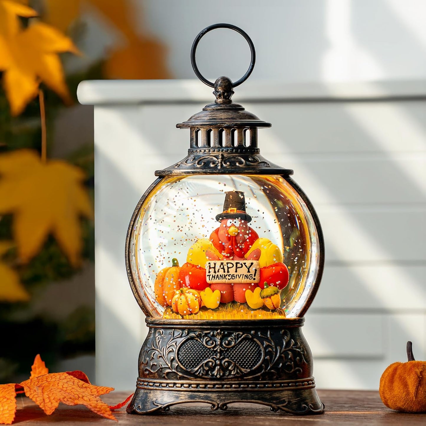 Skiennix Snow Globe | Thanksgiving Water Lantern with Swirling Glitter - Autumn Harvest Decor (Turkey & Pumpkins)