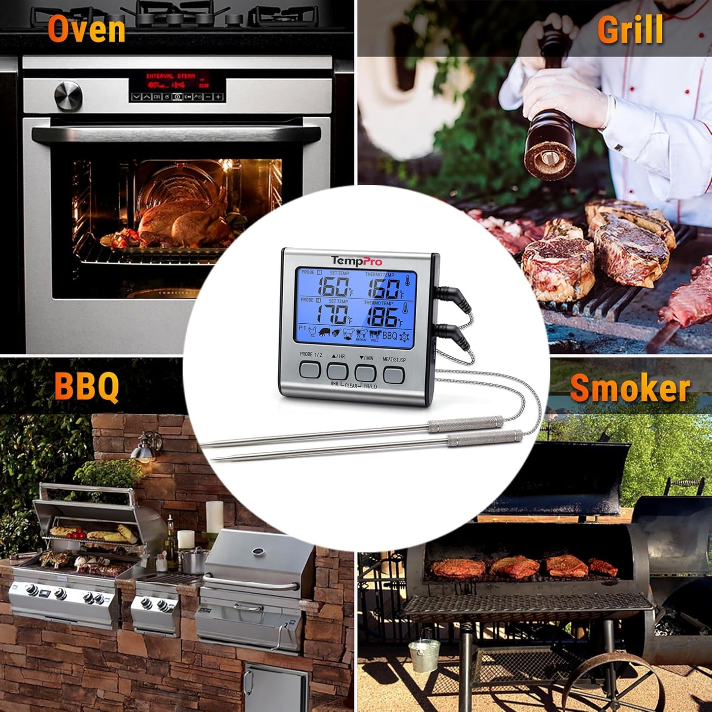 TempPro TP17 Dual Probe Digital Meat Thermometer - Large LCD Backlight & Timer Mode for BBQ, Silver