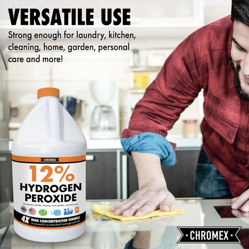 Chromex Hydrogen Peroxide 12 Percent Food Grade, 4X Power Concentrated Solution, Dilutes to 4 Gallons, Versatile Uses Include Topical Care, Home, Kitchen, Bath Cleaner, Laundry, Whitening, 1 Gallon
