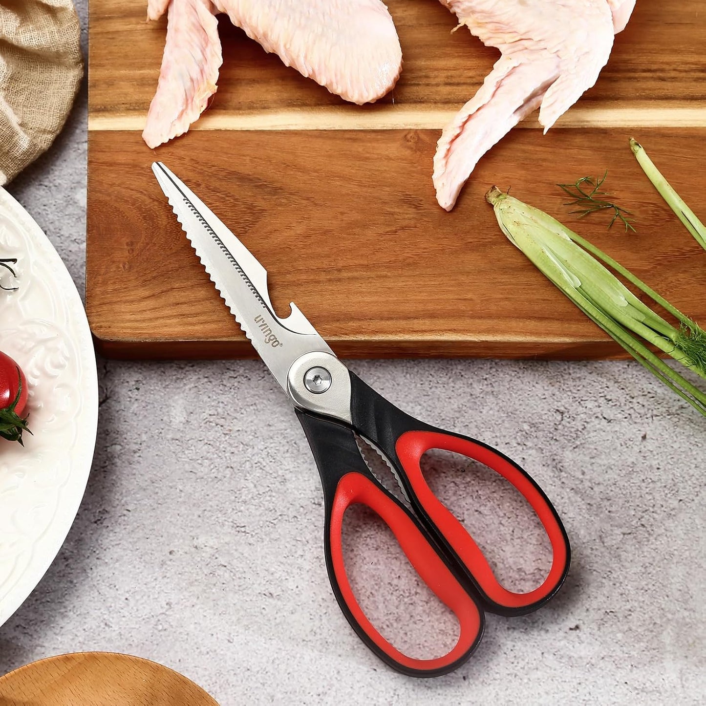 LIVINGO Heavy Duty Kitchen Scissors - Multi-Purpose Food Shears with Serrated Blades | Black & Red Handle