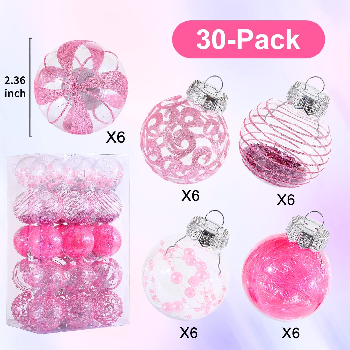 BSTCRAFT 60MM/2.36" Purple Clear Christmas Ornaments Set, 30pcs Shatterproof Delicate Baubles for Xmas Tree, Halloween, Indoor/Outdoor Decor